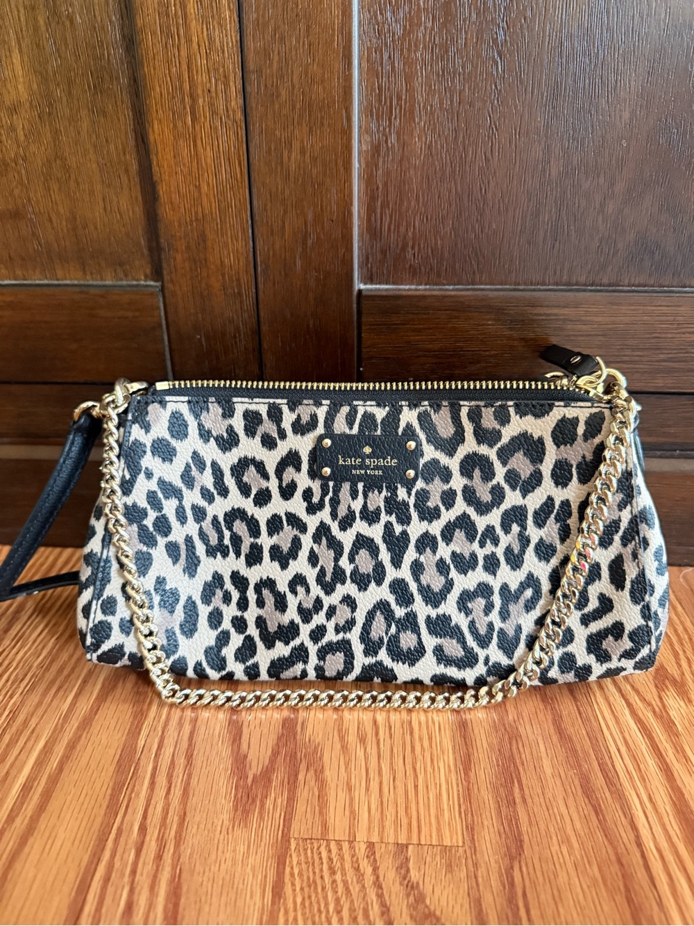kate spade Leopard Print Chain Shoulder Crossbody in Black and Tan